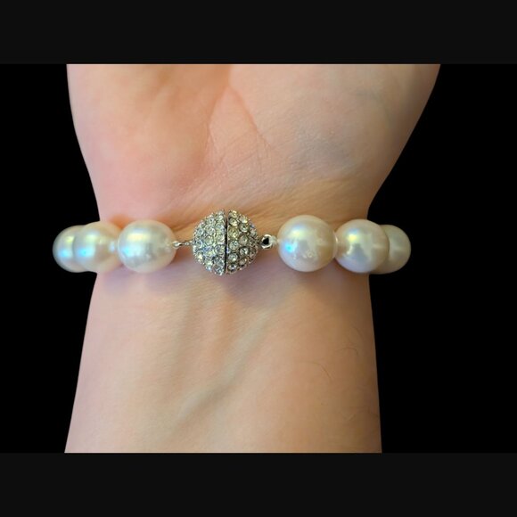 Natural Large Pearl 12.5mm Ball Pave Crystal Ball Clasp 6.75" Bracelet - Picture 13 of 13